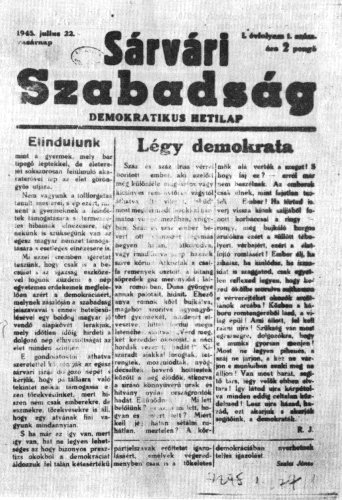 S�rv�ri Szabads�g. S�rv�r. 1945. j�l. 22.