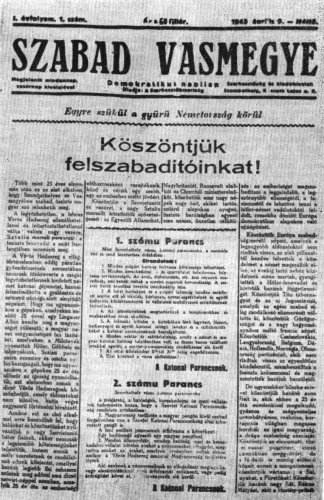 Szabad Vasmegye. Szombathely. 1945. �pr. 9.