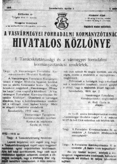 A Vasv�rmegyei Forradalmi Korm�nyz�tan�cs Hivatalos K�zl�nye. Szombathely. 1919. �pr. 3.